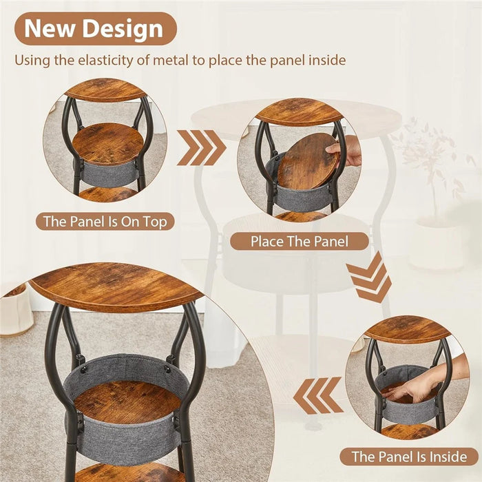 DULCII 596-BS9-3-Tier Round End Table with Cloth Storage Basket, 30x30x55cm - Rustic Brown - 3