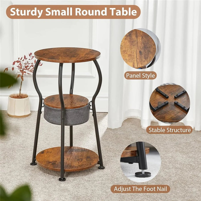 DULCII 596-BS9-3-Tier Round End Table with Cloth Storage Basket, 30x30x55cm - Rustic Brown - 5
