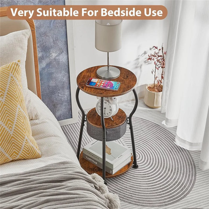 DULCII 596-BS9-3-Tier Round End Table with Cloth Storage Basket, 30x30x55cm - Rustic Brown - 6