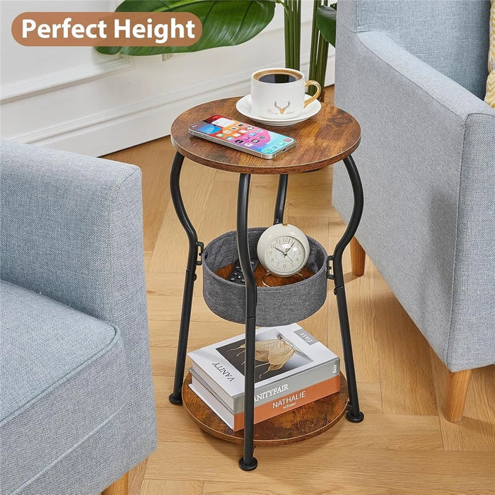DULCII 596-BS9-3-Tier Round End Table with Cloth Storage Basket, 30x30x55cm - Rustic Brown - 7
