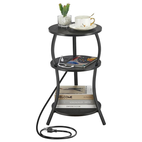 DULCII 3-Tier Round Side Table with UK Plug Power Outlet 300 x 550mm Tablet - Black Dark Walnut - 1