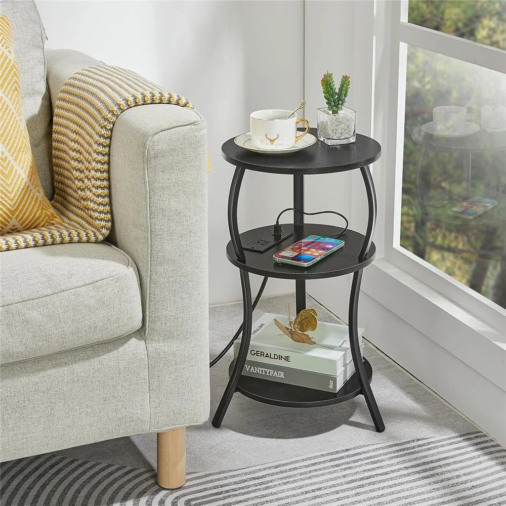 DULCII 3-Tier Round Side Table with UK Plug Power Outlet 300 x 550mm Tablet - Black Dark Walnut - 2