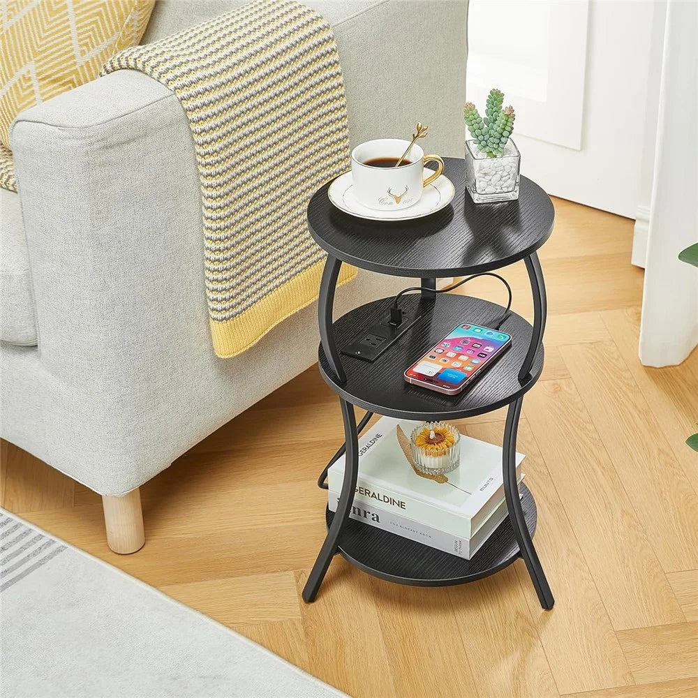 DULCII 3-Tier Round Side Table with UK Plug Power Outlet 300 x 550mm Tablet - Black Dark Walnut - 4