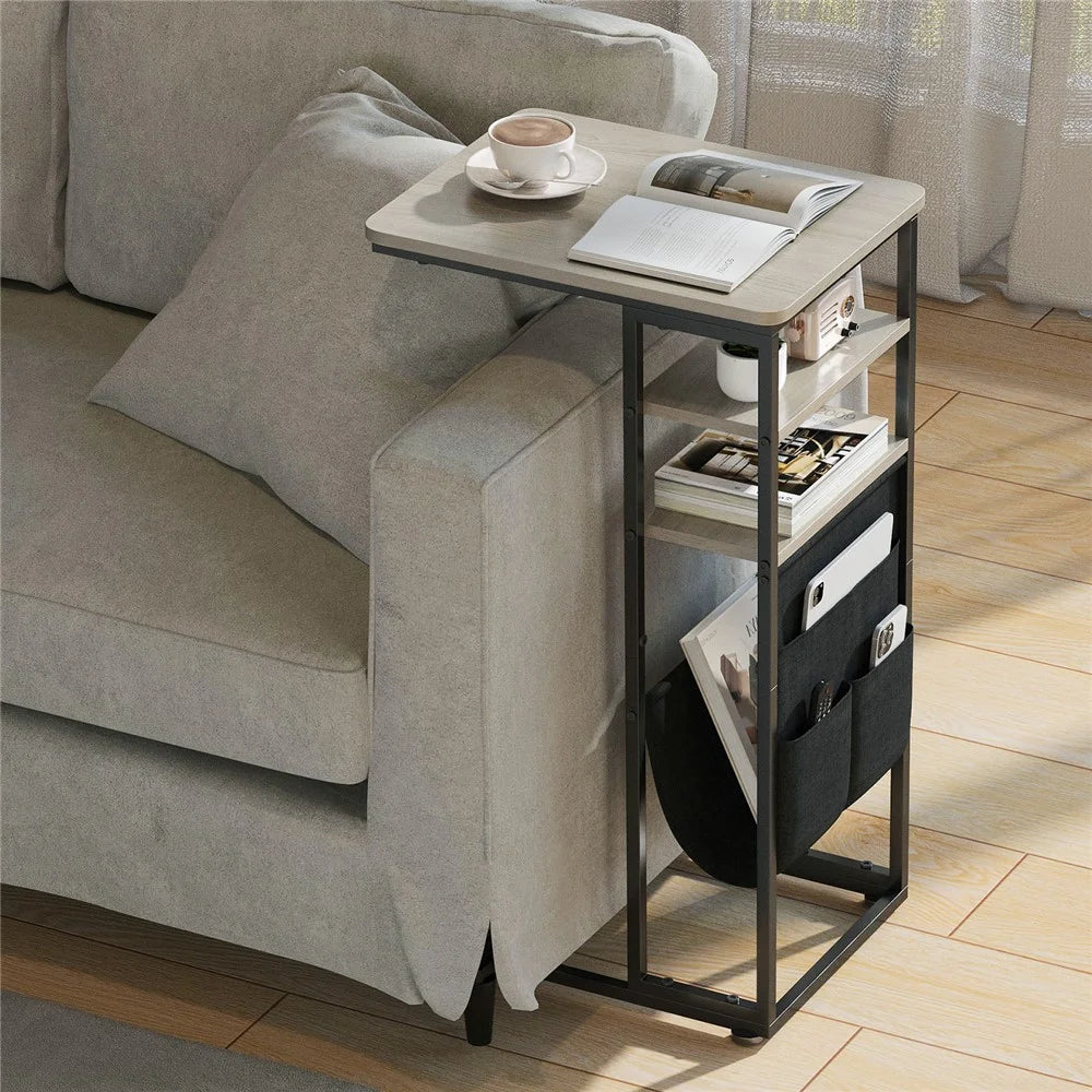 DULCII Double Column C-Shaped Side Table 40x30x71cm Tablet with Power Outlet / Oxford Fabric Storage Bag - Oak - 2