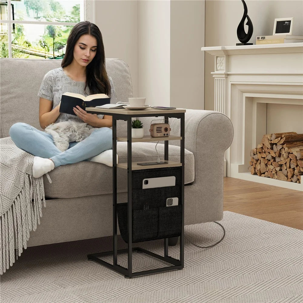 DULCII Double Column C-Shaped Side Table 40x30x71cm Tablet with Power Outlet / Oxford Fabric Storage Bag - Oak - 6