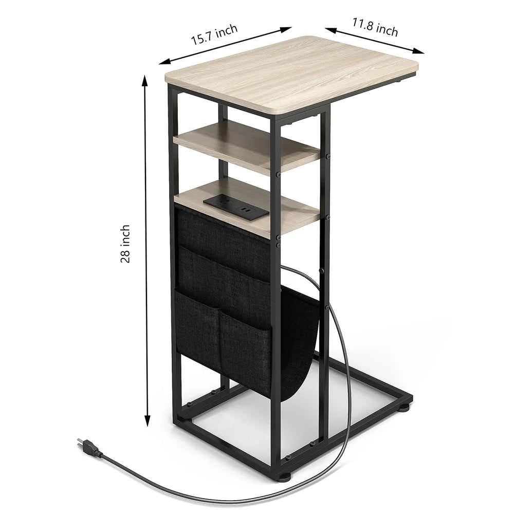 DULCII Double Column C-Shaped Side Table 40x30x71cm Tablet with Power Outlet / Oxford Fabric Storage Bag - Oak - 7
