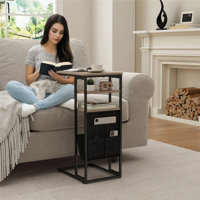 DULCII Double Column C-Shaped Side Table 40 x 30 x 71cm with Oxford Fabric Bag - Oak - 6