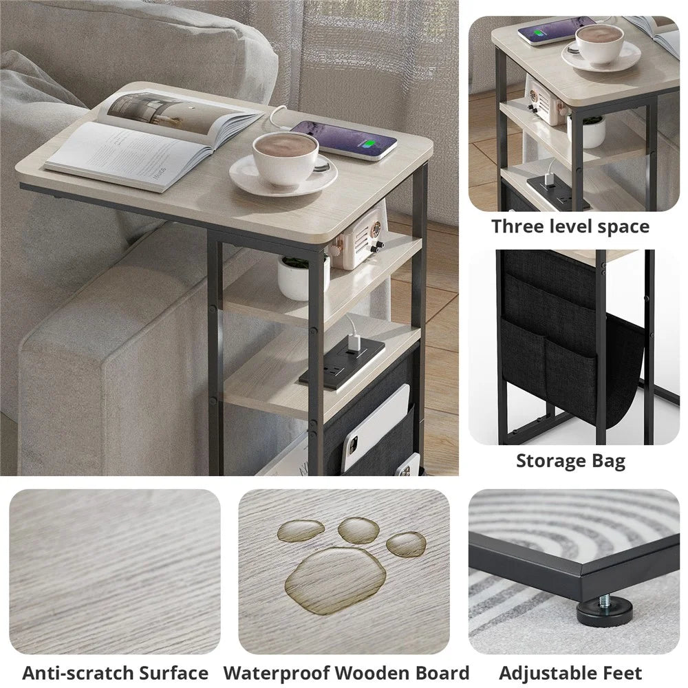 DULCII Double Column C-Shaped Side Table with Japanese Power Outlet 40 x 30 x 71cm For Home / Office Use - Oak - 2