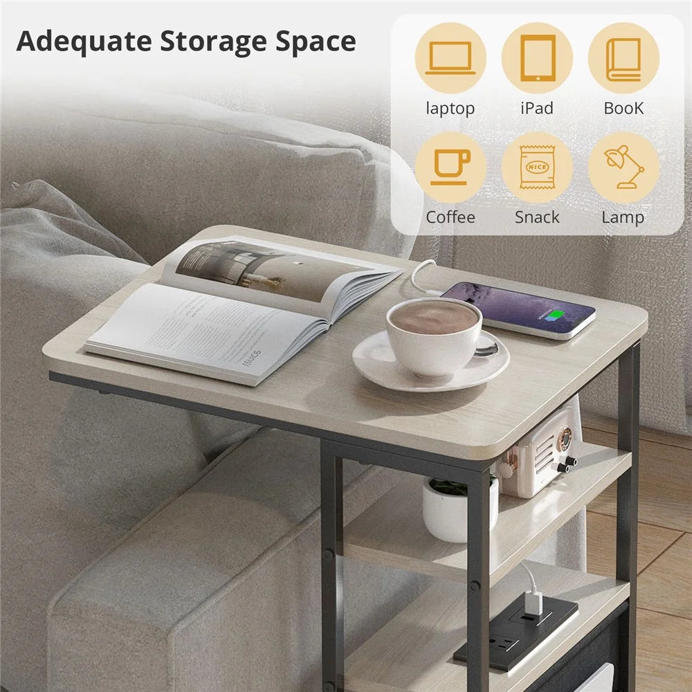 DULCII Double Column C-Shaped Side Table with Japanese Power Outlet 40 x 30 x 71cm For Home / Office Use - Oak - 3