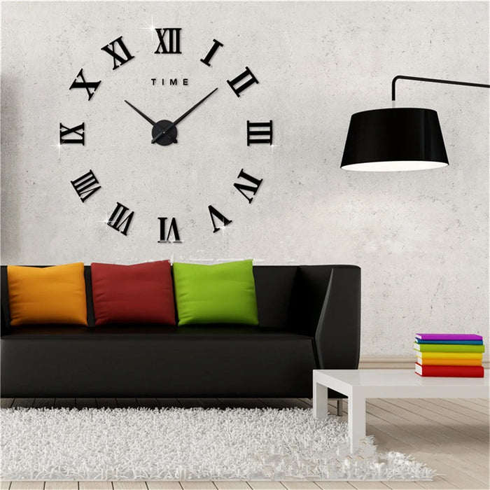 Frameless DIY Wall Clock 3D Acrylic Sticker Roman Numbers Wall Clock - Black - 2