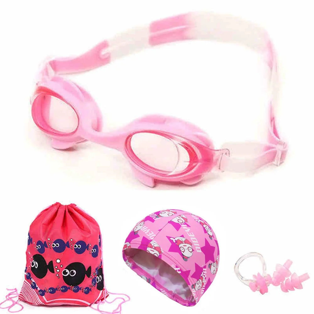 Children Swimming Goggles Eyeglasses Anti-Fog Adjustable UV Protection Set - Pink Fish - 1