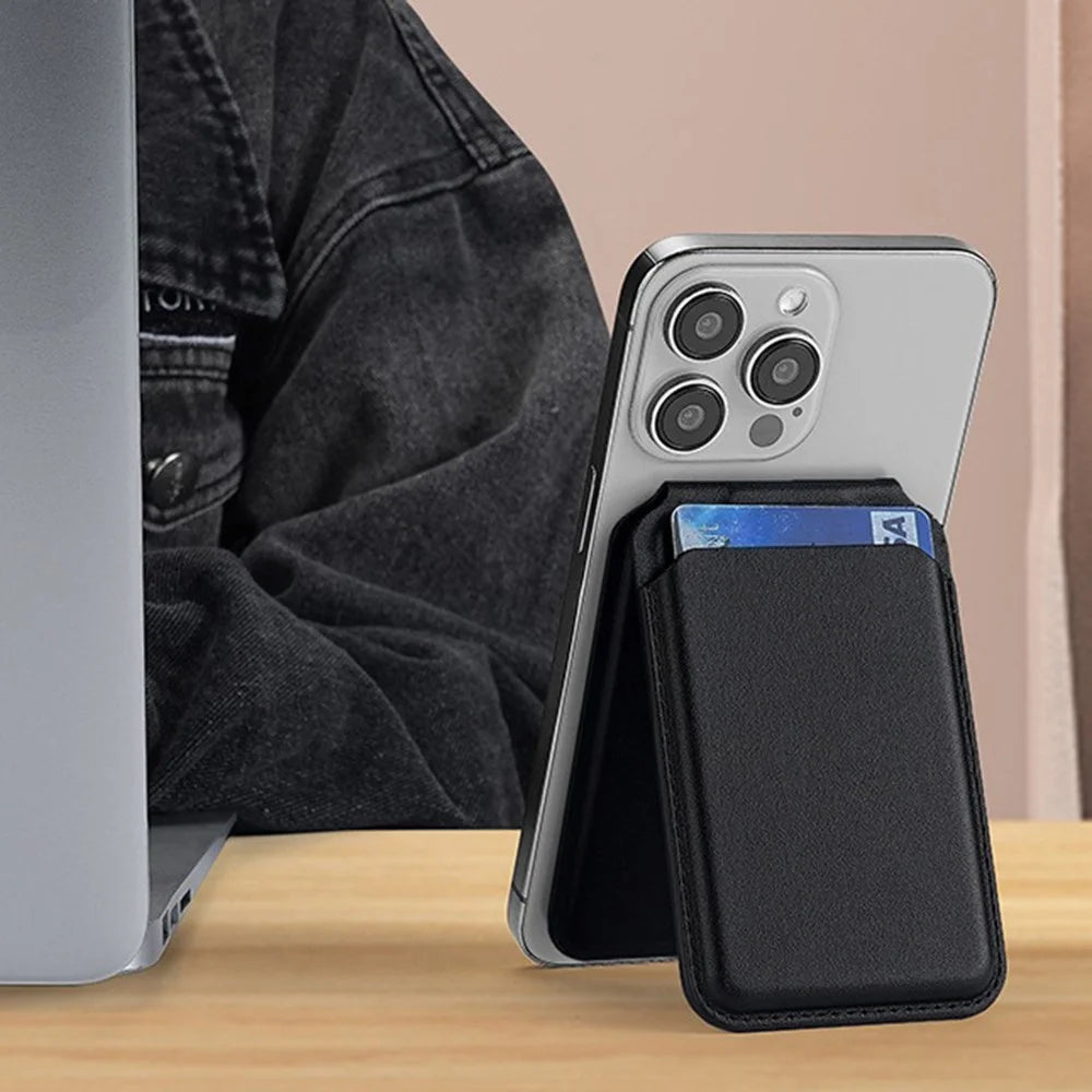 M66 Magnetic Card Holder Wallet Kickstand PU Leather Secure Bank Card Bag - Black - 3
