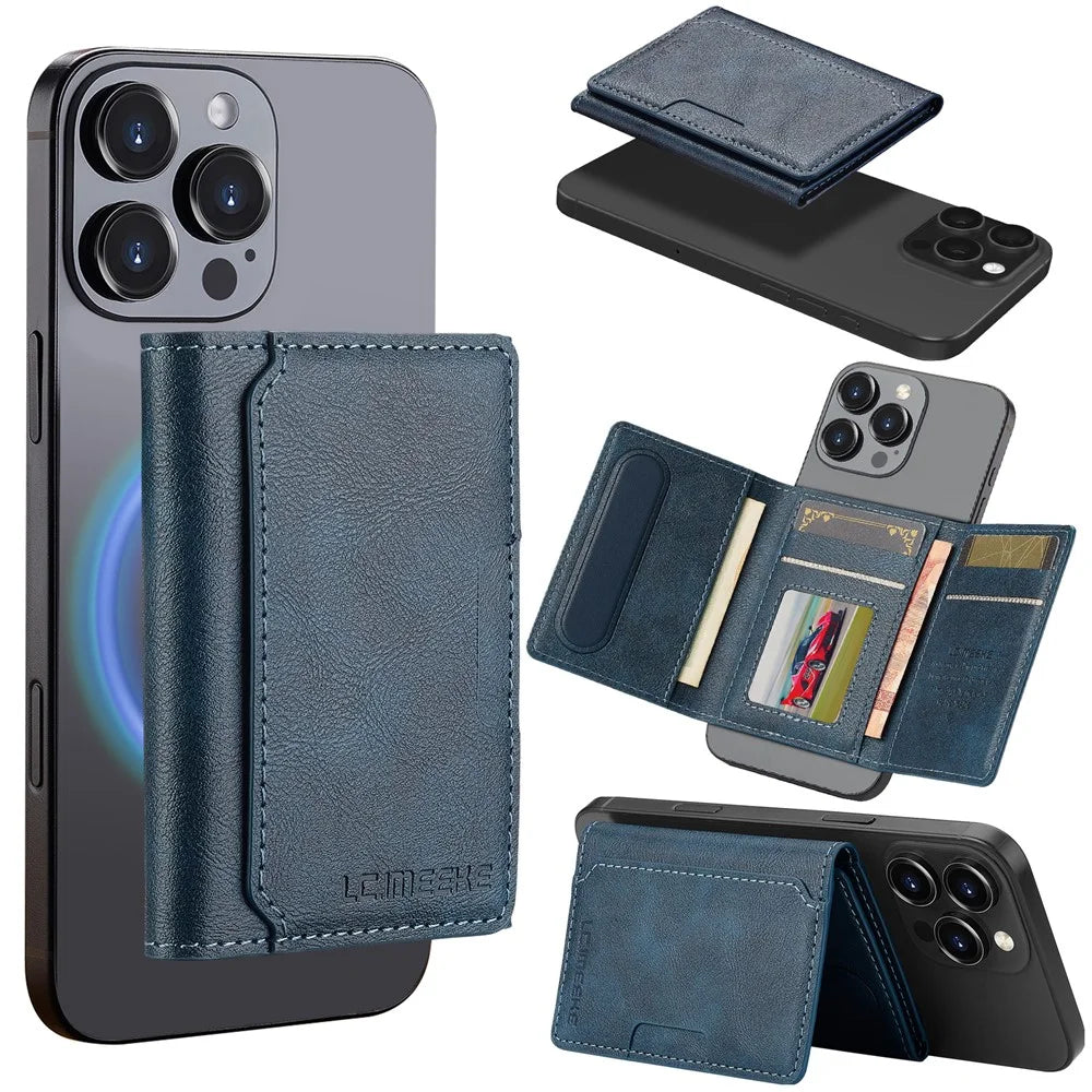 LC.IMEEKE Magnetic Card Holder Kickstand RFID Blocking PU Leather Phone Back Card Case - Blue - 1