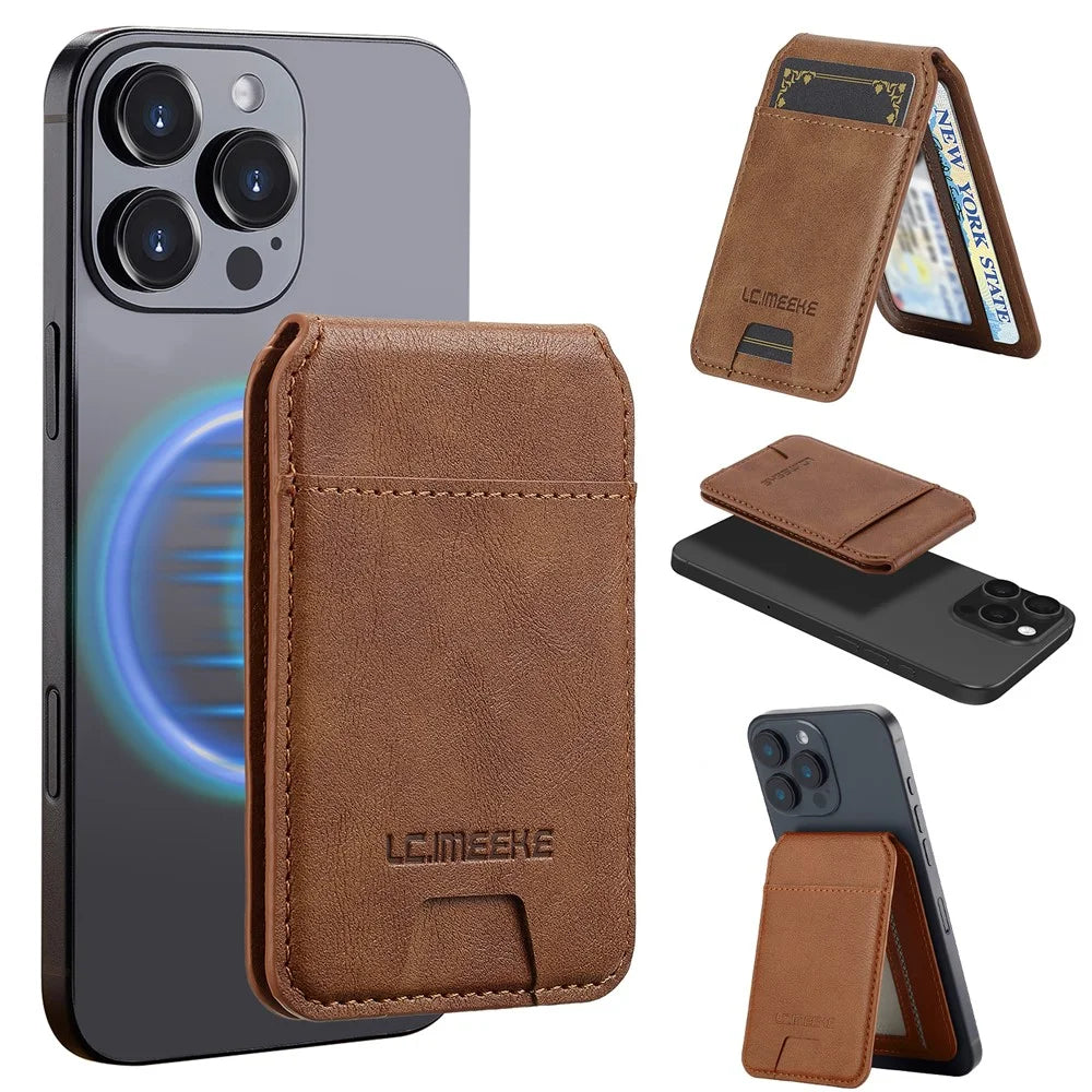 LC.IMEEKE Phone Magnetic Card Holder RFID Blocking Card Slots Leather Kickstand - Brown - 1