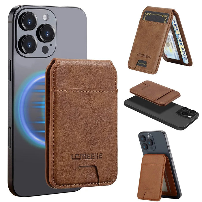 LC.IMEEKE Phone Magnetic Card Holder RFID Blocking Card Slots Leather Kickstand - Brown - 1