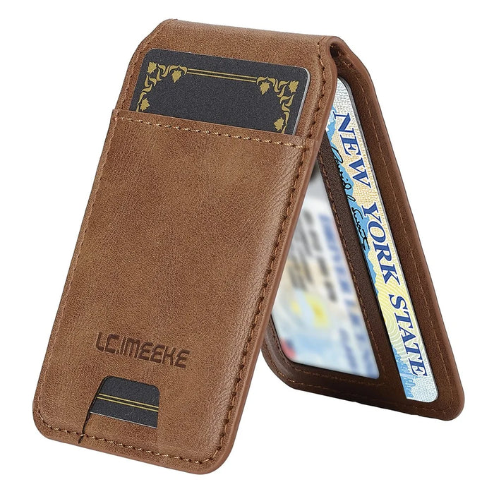 LC.IMEEKE Phone Magnetic Card Holder RFID Blocking Card Slots Leather Kickstand - Brown - 3