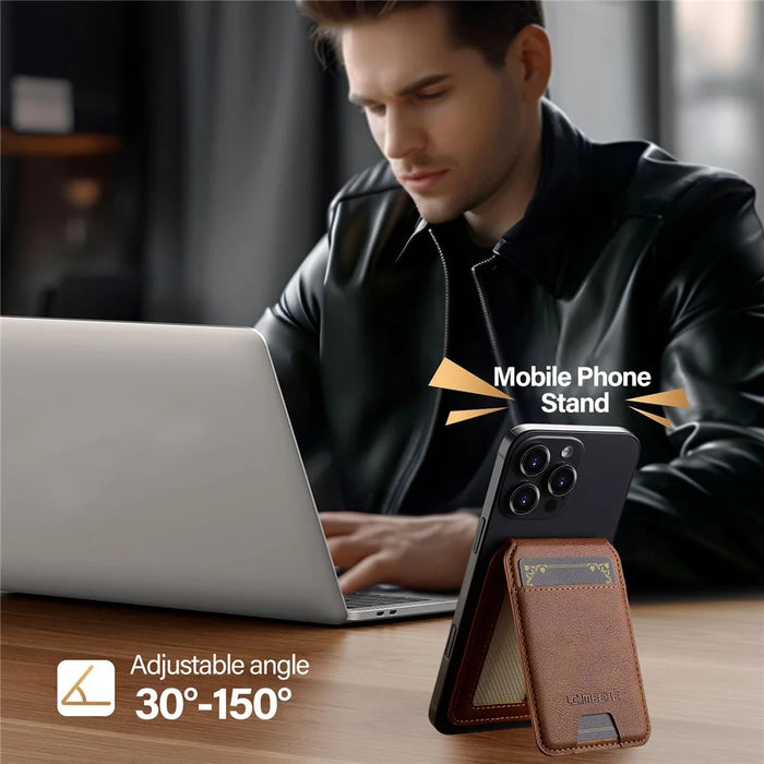 LC.IMEEKE Phone Magnetic Card Holder RFID Blocking Card Slots Leather Kickstand - Brown - 7