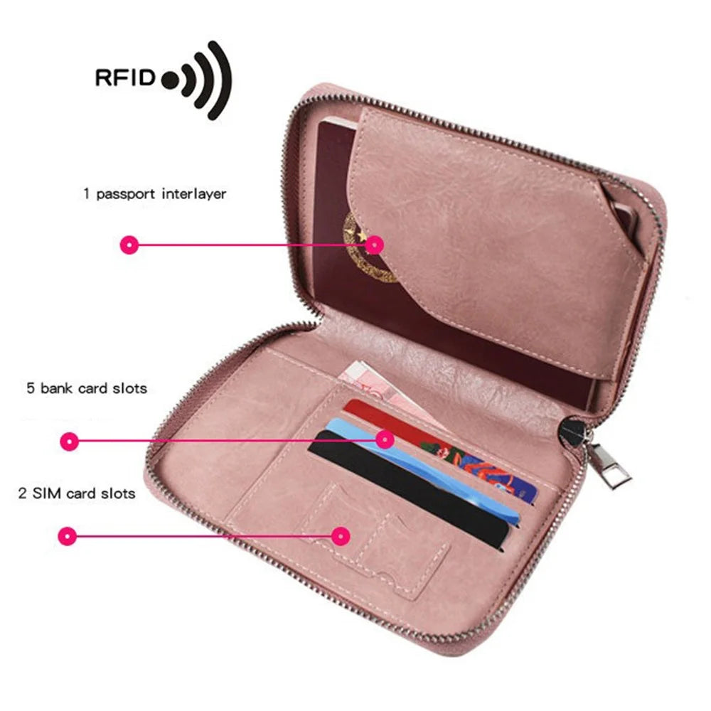 PIERU HJ22101 Passport Holder Wallet RFID Blocking Cash Card Organizer Zipper Closure - Pink - 2