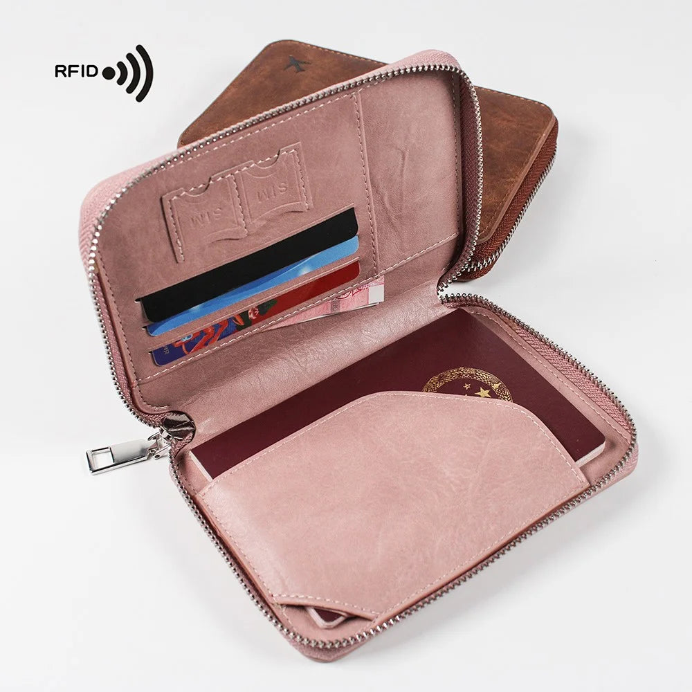 PIERU HJ22101 Passport Holder Wallet RFID Blocking Cash Card Organizer Zipper Closure - Pink - 3