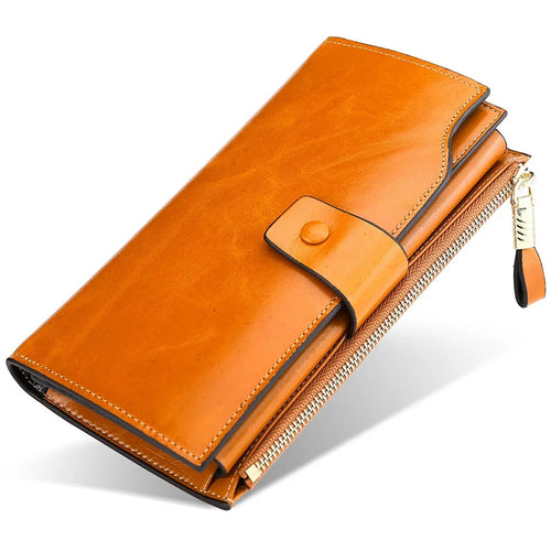 Genuine Leather Women Wallet RFID Blocking Multi Card Slots Long Purse Vintage Waxed Clutch Handbag - Brown - 1