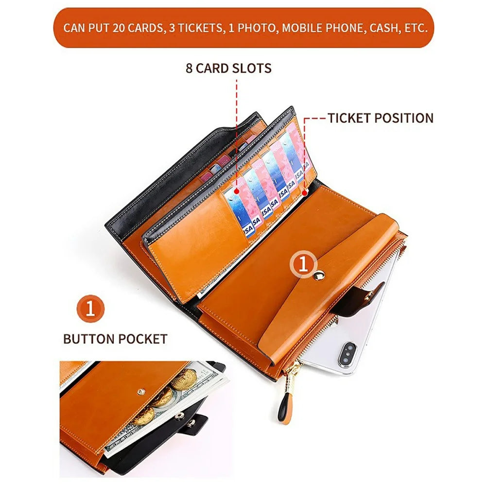 Genuine Leather Women Wallet RFID Blocking Multi Card Slots Long Purse Vintage Waxed Clutch Handbag - Brown - 3