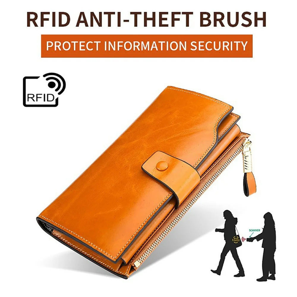 Genuine Leather Women Wallet RFID Blocking Multi Card Slots Long Purse Vintage Waxed Clutch Handbag - Brown - 4