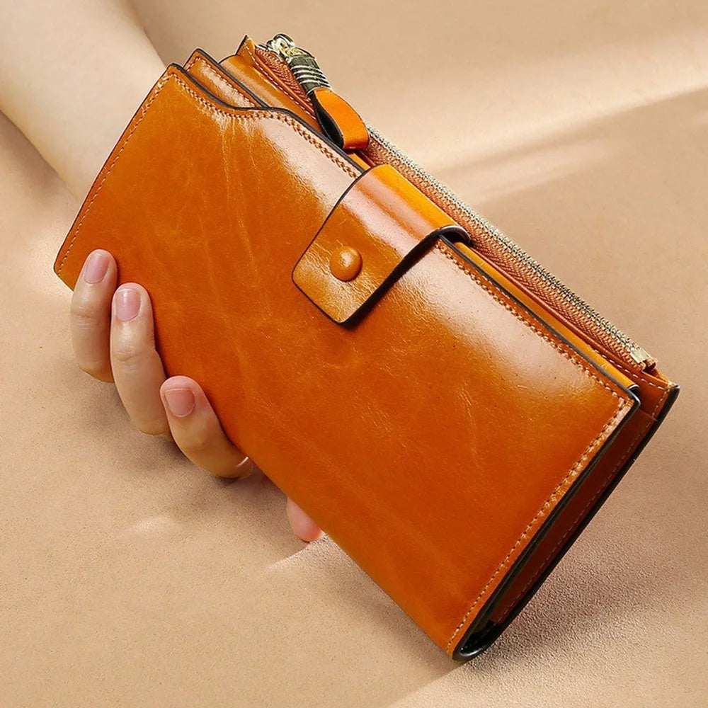 Genuine Leather Women Wallet RFID Blocking Multi Card Slots Long Purse Vintage Waxed Clutch Handbag - Brown - 6