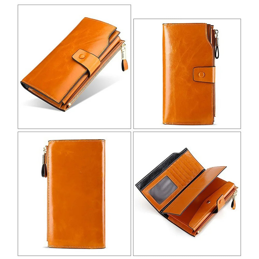 Genuine Leather Women Wallet RFID Blocking Multi Card Slots Long Purse Vintage Waxed Clutch Handbag - Brown - 7