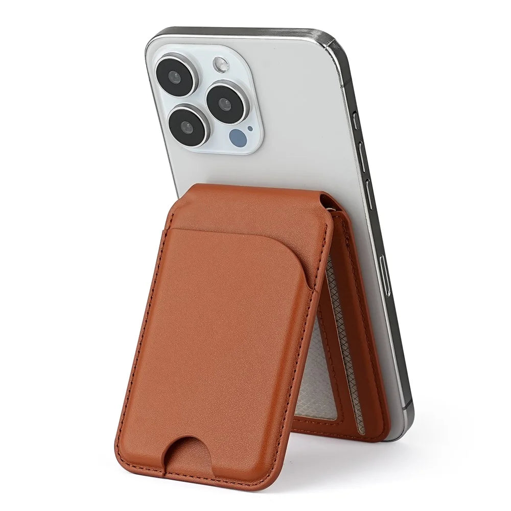 Folding Magnetic Card Holder Kickstand for Cell Phone Back Card Case RFID Blocking - Brown - 3