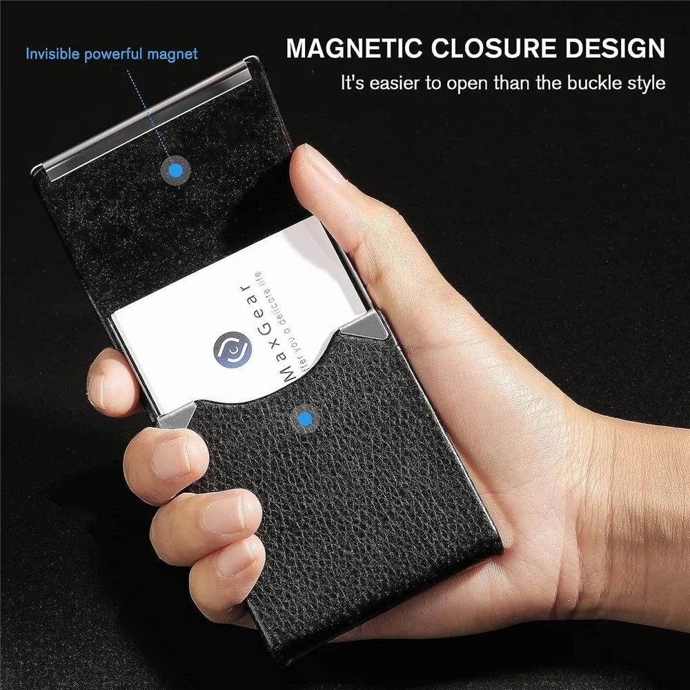 PU Leather Business Card Holder Magnetic Closure Full Cover Case for Office / Professional Use - Black - 4