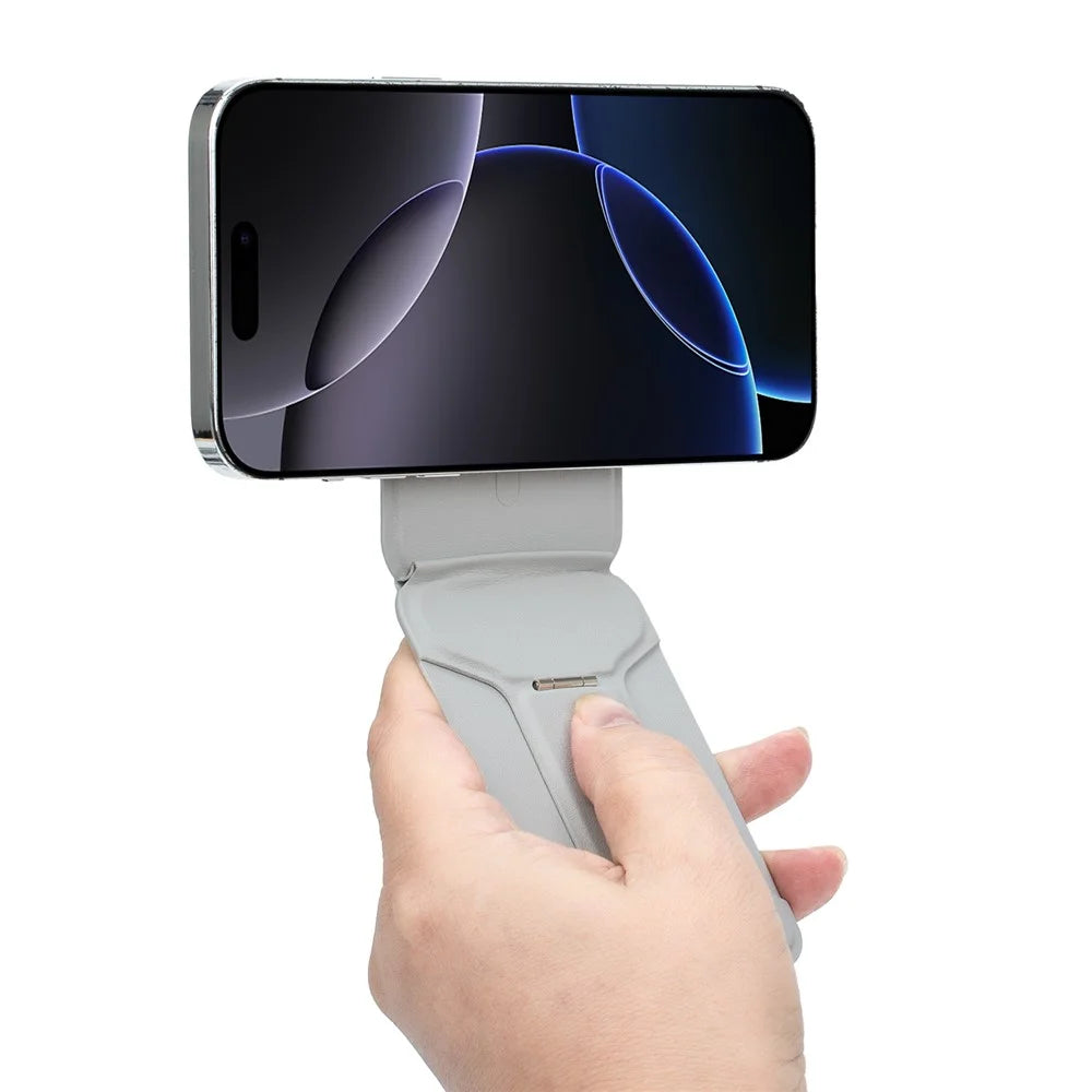 I-Type Kickstand Magnetic Adjustable Angle Metal + PU Leather Handheld Phone Holder Stand - Grey - 6