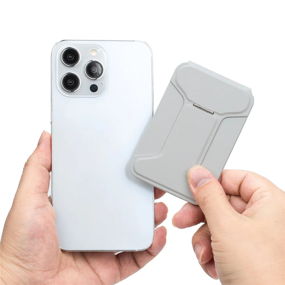 I-Type Kickstand Magnetic Adjustable Angle Metal + PU Leather Handheld Phone Holder Stand - Grey - 7
