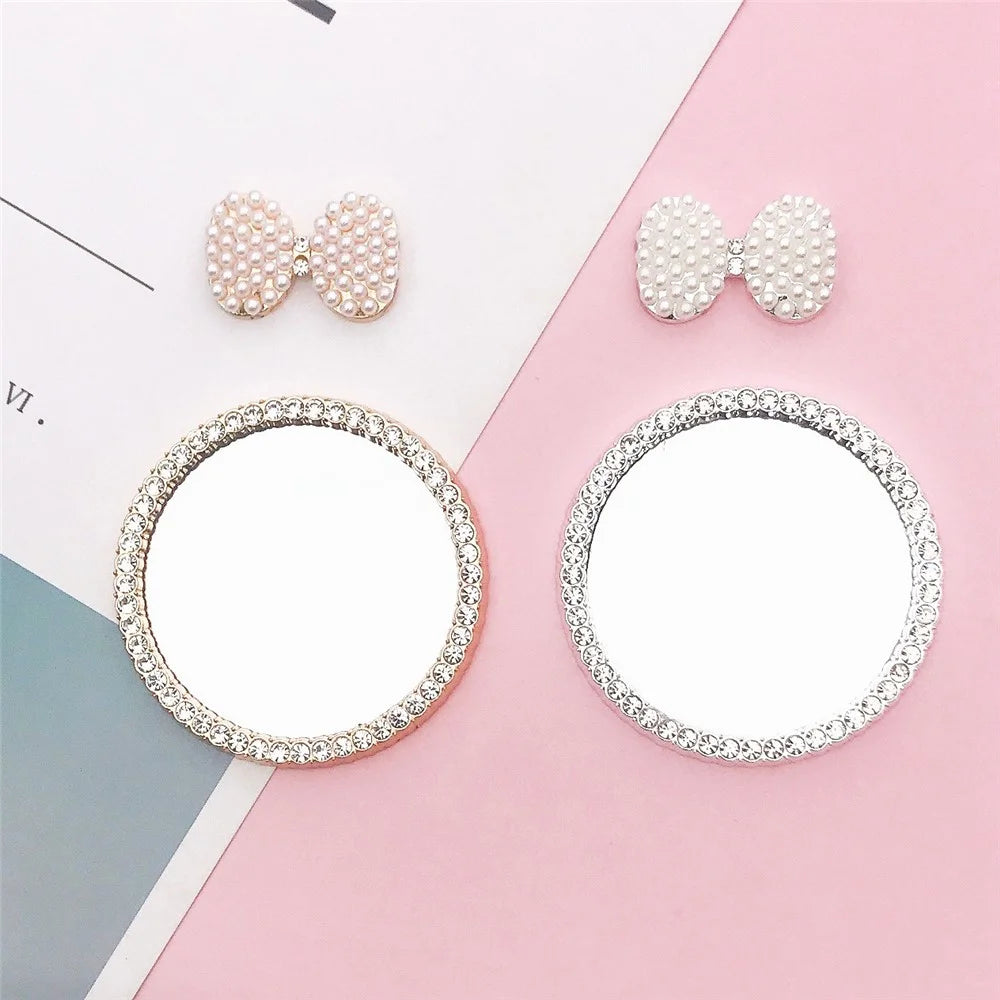 DIY Phone Case Charms Accessories Set Pearl Decor Bow + Rhinestone Round Mirror Handmade Craft - Gold - 6
