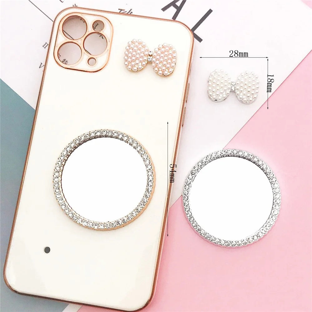 DIY Phone Case Charms Accessories Set Pearl Decor Bow + Rhinestone Round Mirror Handmade Craft - Gold - 7
