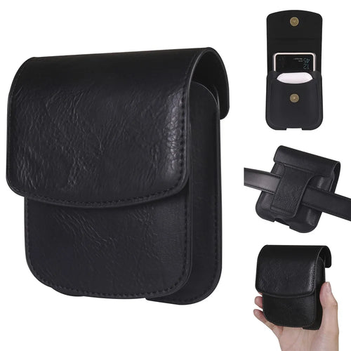 Dual Compartment PU Leather Waist Bag for Wireless Earbuds Folding Phones Carrying Pouch - Black - 1