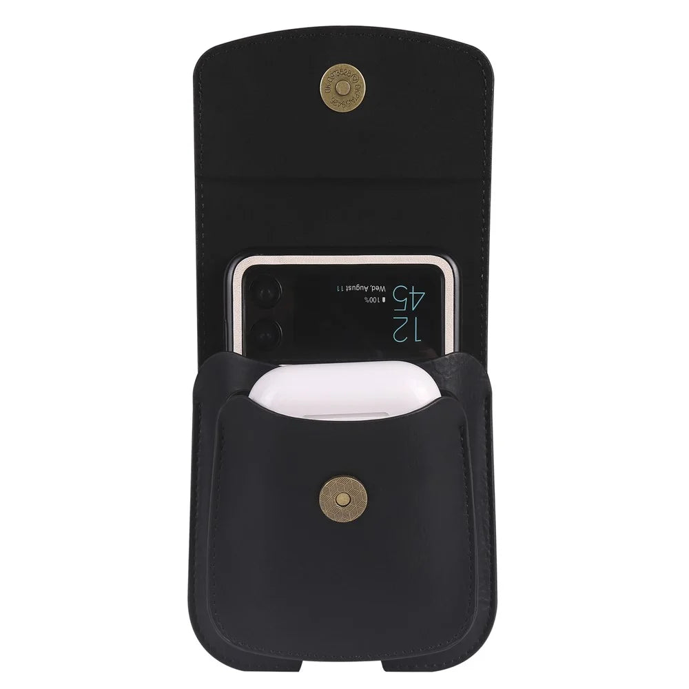 Dual Compartment PU Leather Waist Bag for Wireless Earbuds Folding Phones Carrying Pouch - Black - 5