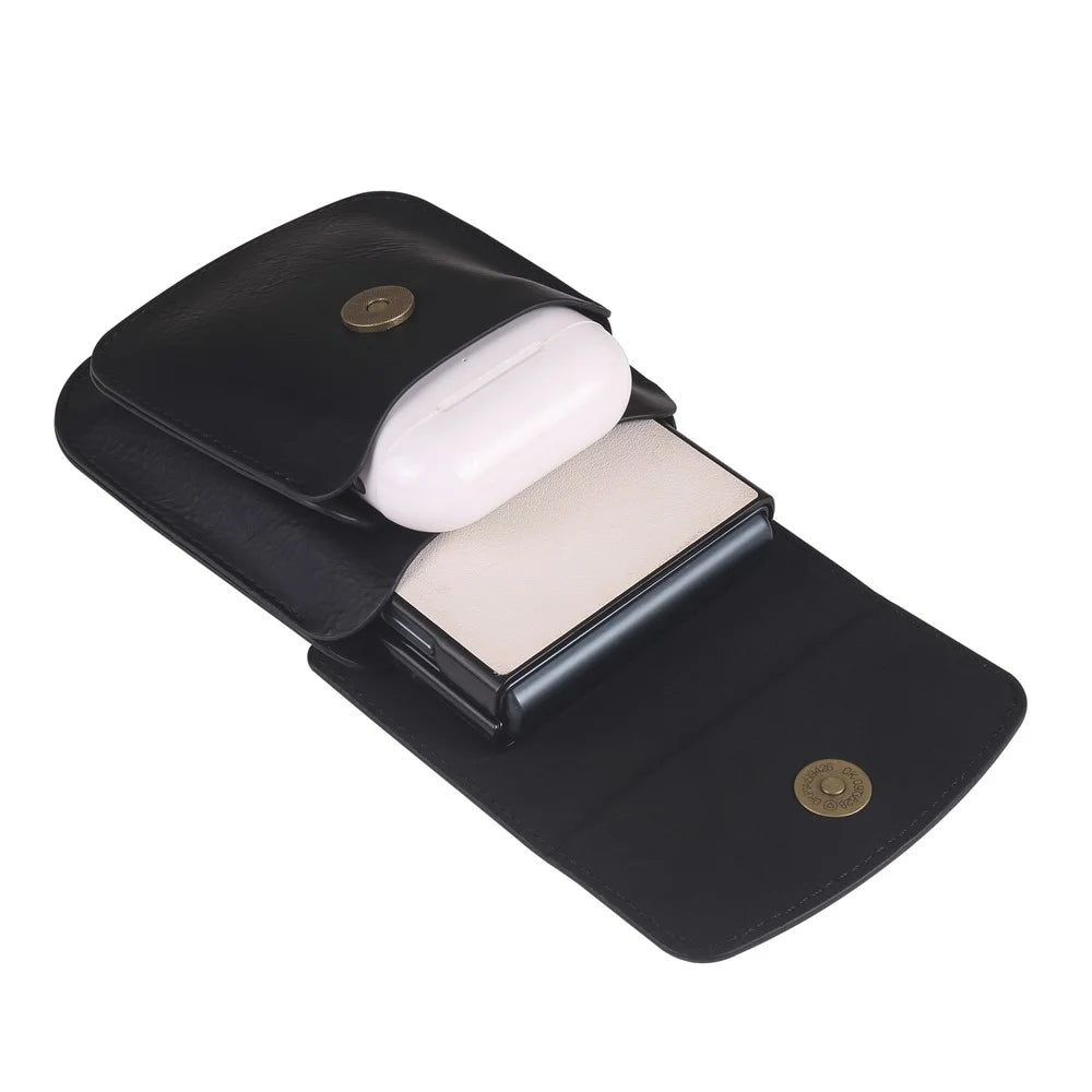 Dual Compartment PU Leather Waist Bag for Wireless Earbuds Folding Phones Carrying Pouch - Black - 6