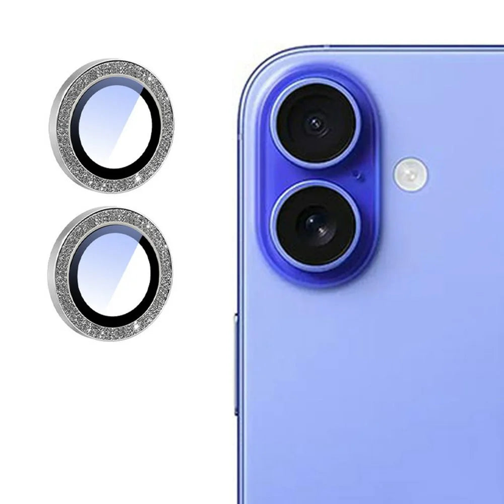 For iPhone 16 / 16 Plus	Camera Lens Protector Glitter Decor Metal Frame Lens Film with Installation Tool - 1