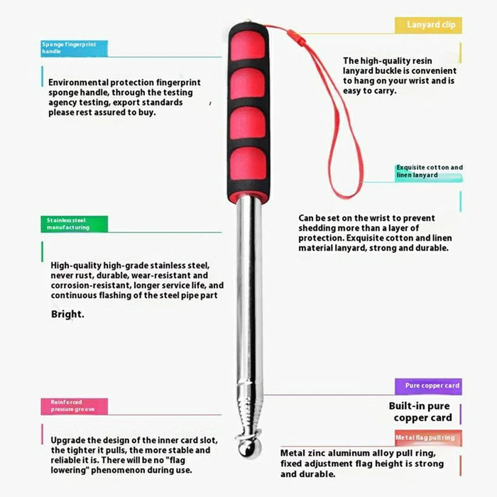 140cm Stainless Steel Telescopic Flagpole Portable Handheld Teaching Stick Extendable Guide Flag Pole with Foam Grip - Red - 2