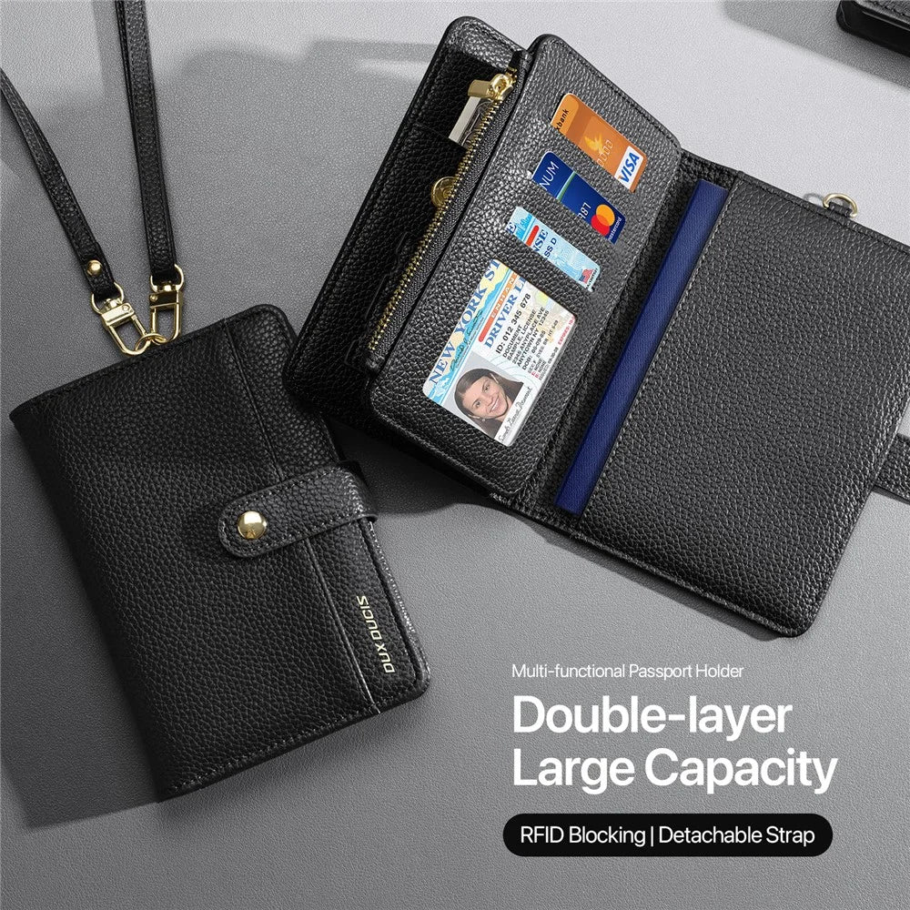 DUX DUCIS Wallet Multi Card Passport Holder with Lanyard PU Leather RFID Blocking Travel Organizer - Black - 5