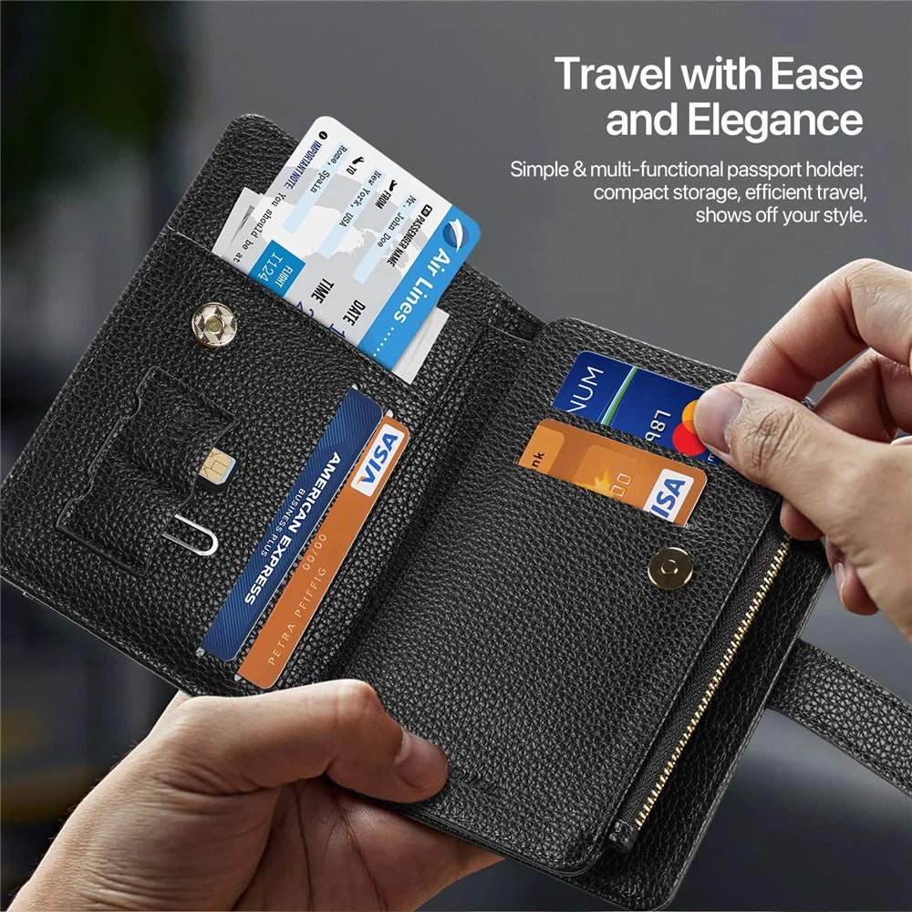 DUX DUCIS Wallet Multi Card Passport Holder with Lanyard PU Leather RFID Blocking Travel Organizer - Black - 6