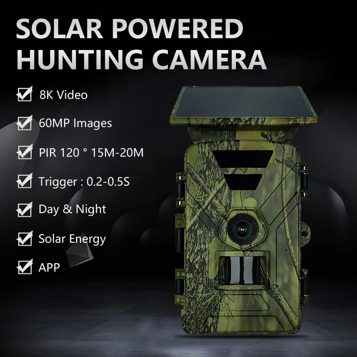 PR903W Solar Trail Camera, 8K 60MP WiFi APP Hunting Camera IR Night Vision Trail Cam IP66 Waterproof for Wildlife Monitoring - Green - 3