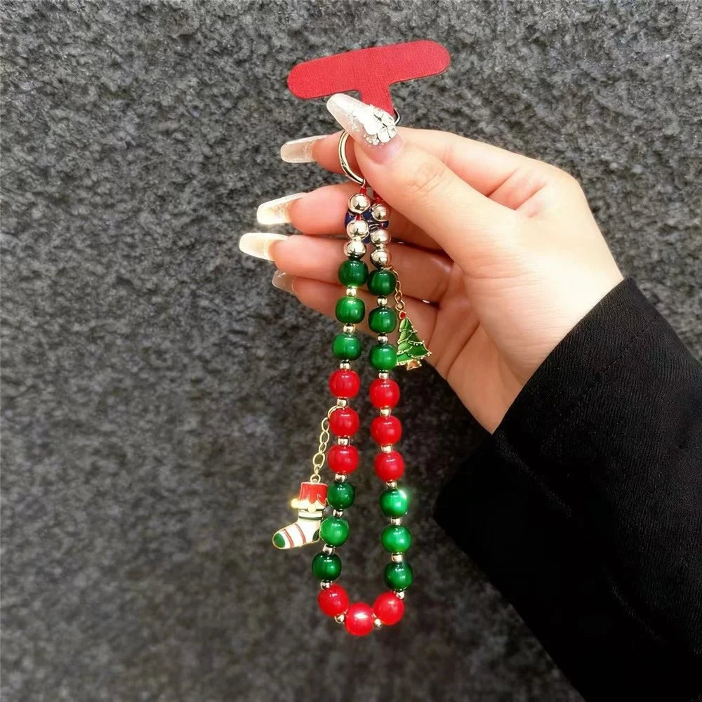 8 inch Length Handmade Beaded Christmas Phone Strap Lanyard Charm Festive Holiday Accessory Hanging Ornament Gift - Christmas Tree + Sock - 4