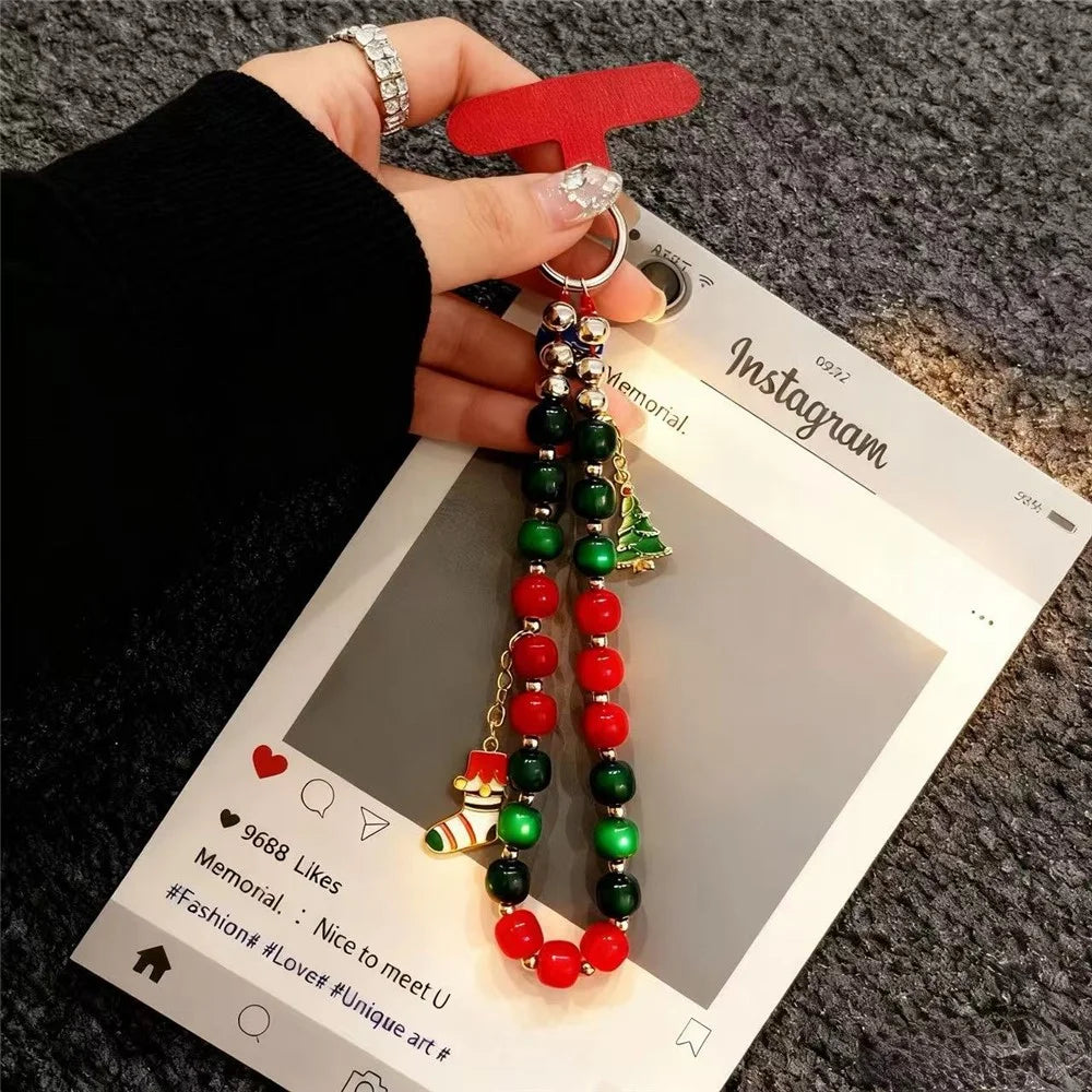 8 inch Length Handmade Beaded Christmas Phone Strap Lanyard Charm Festive Holiday Accessory Hanging Ornament Gift - Christmas Tree + Sock - 5
