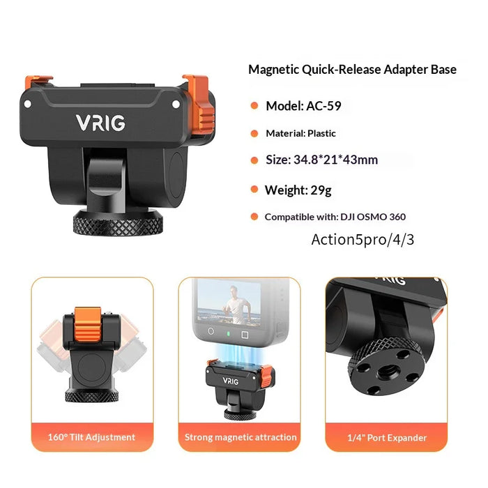 VRIG Magnetic Adapter for DJI Osmo 360/Action 5 Pro/4/3 Action Camera Quick Release Dual Lock Mount Base - 6