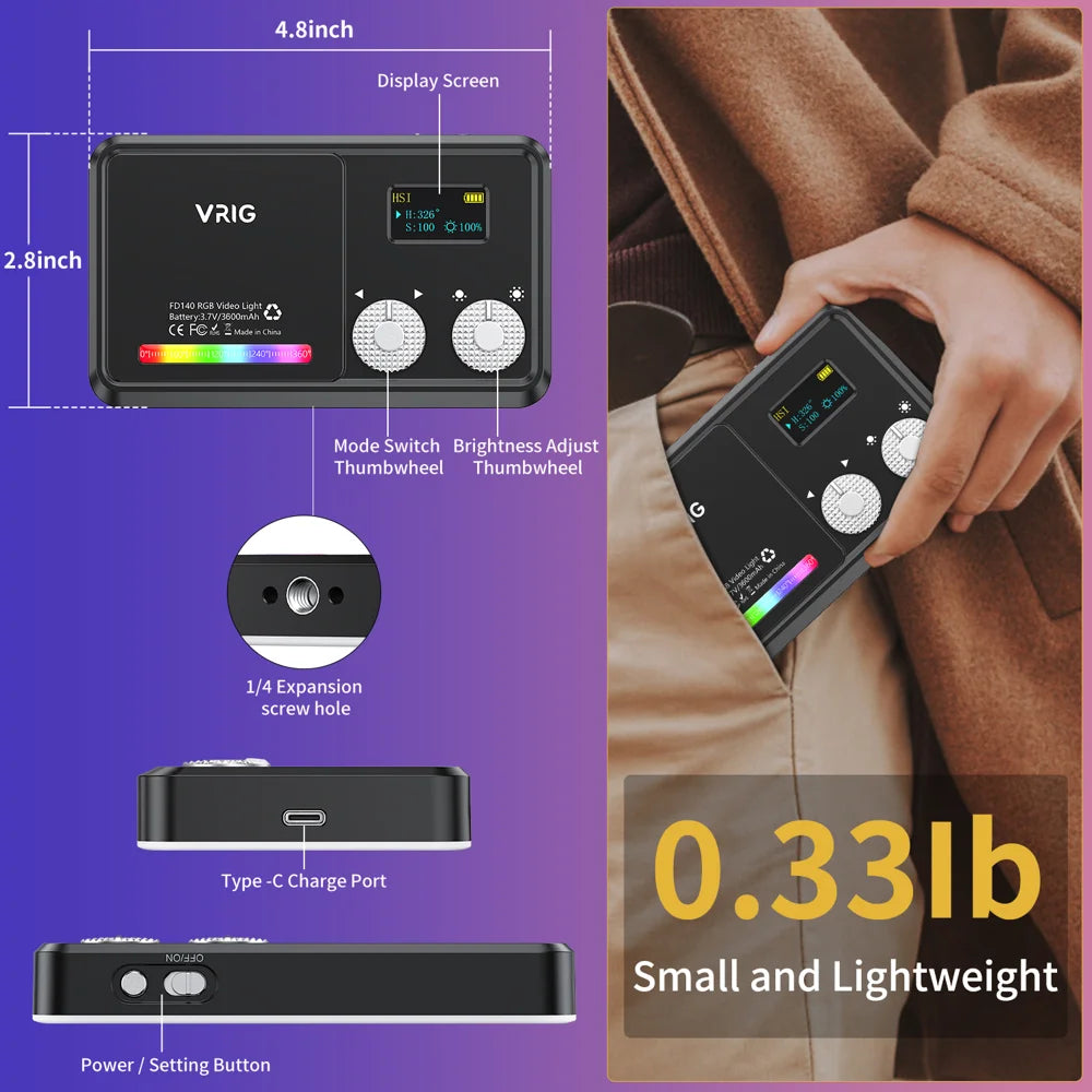 VRIG FD-98 LED Video Light 2500K-9000K Adjustable Dual Color Temperature Portable Fill Lamp for Live Streaming / Photography - White - 5
