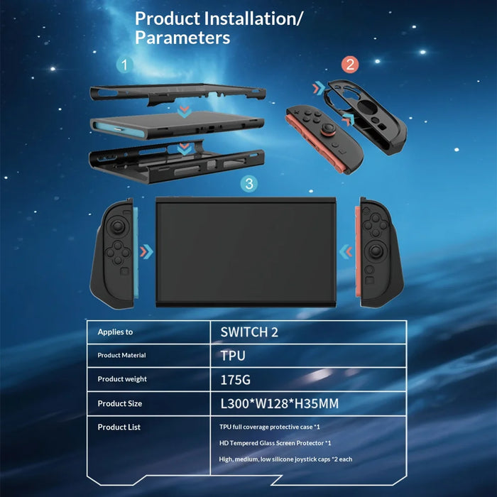 For Nintendo Switch 2 TPU Protective Cover with Tempered Glass Screen Protector Joystick Caps Set - Black - 5