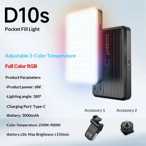 CYKE D10S High CRI Rechargeable LED Video Lamp 3 Color Temperatures Professional RGB Photography Fill Light - Black - 2