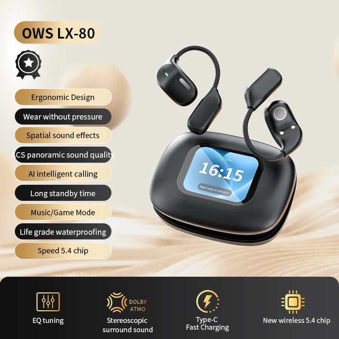 LX-80 Ear-hook Bluetooth-compatible Earbuds with Full Color Touch Screen Charging Case Noise Cancellation Sports Earbuds - Black - 2