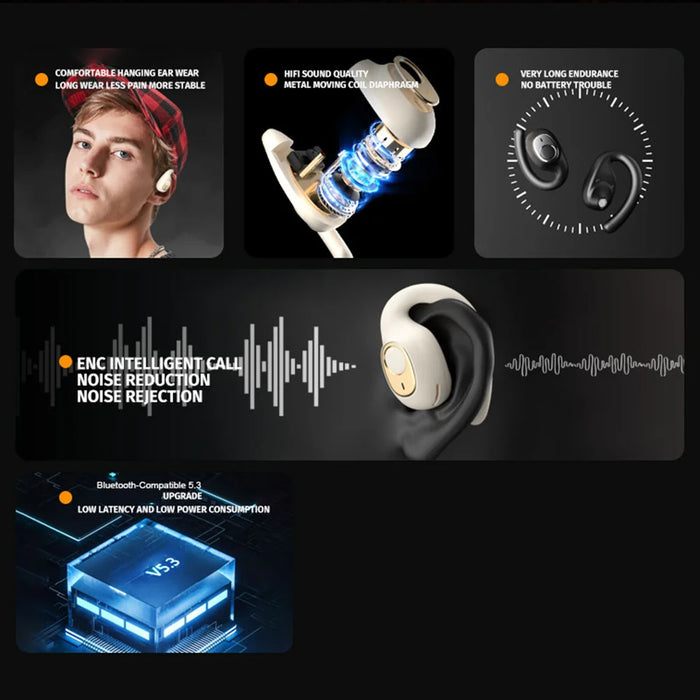X5 Bluetooth-compatible Open-Ear Sports Earbuds IPX5 Waterproof ENC Noise Cancellation Hook Earbuds - Black+Orange - 5